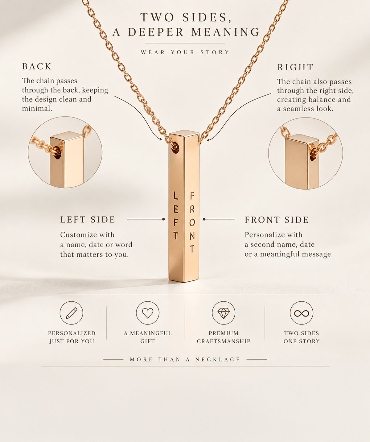 Gold Vertical Bar Necklace infographic with features and details