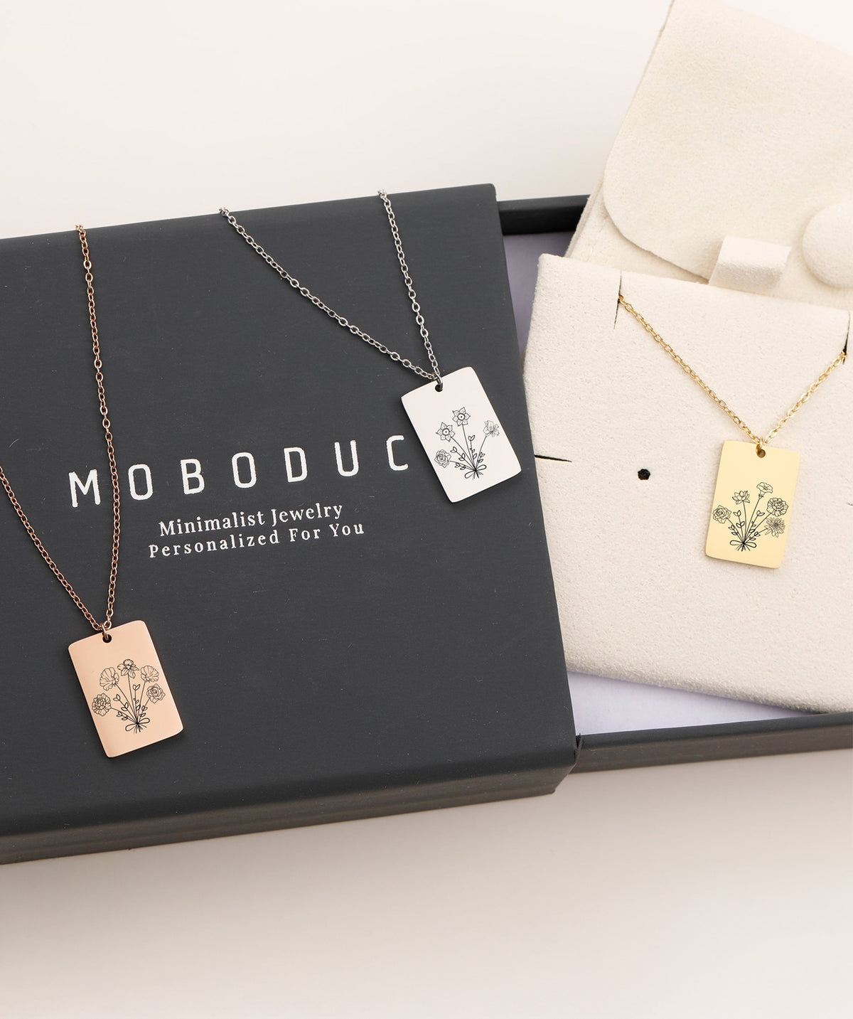 Rose Gold Birth Flower Rectangular Necklace – premium