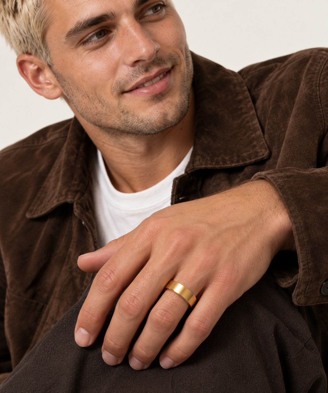 Men's Gold 8mm Brushed Band Ring on model