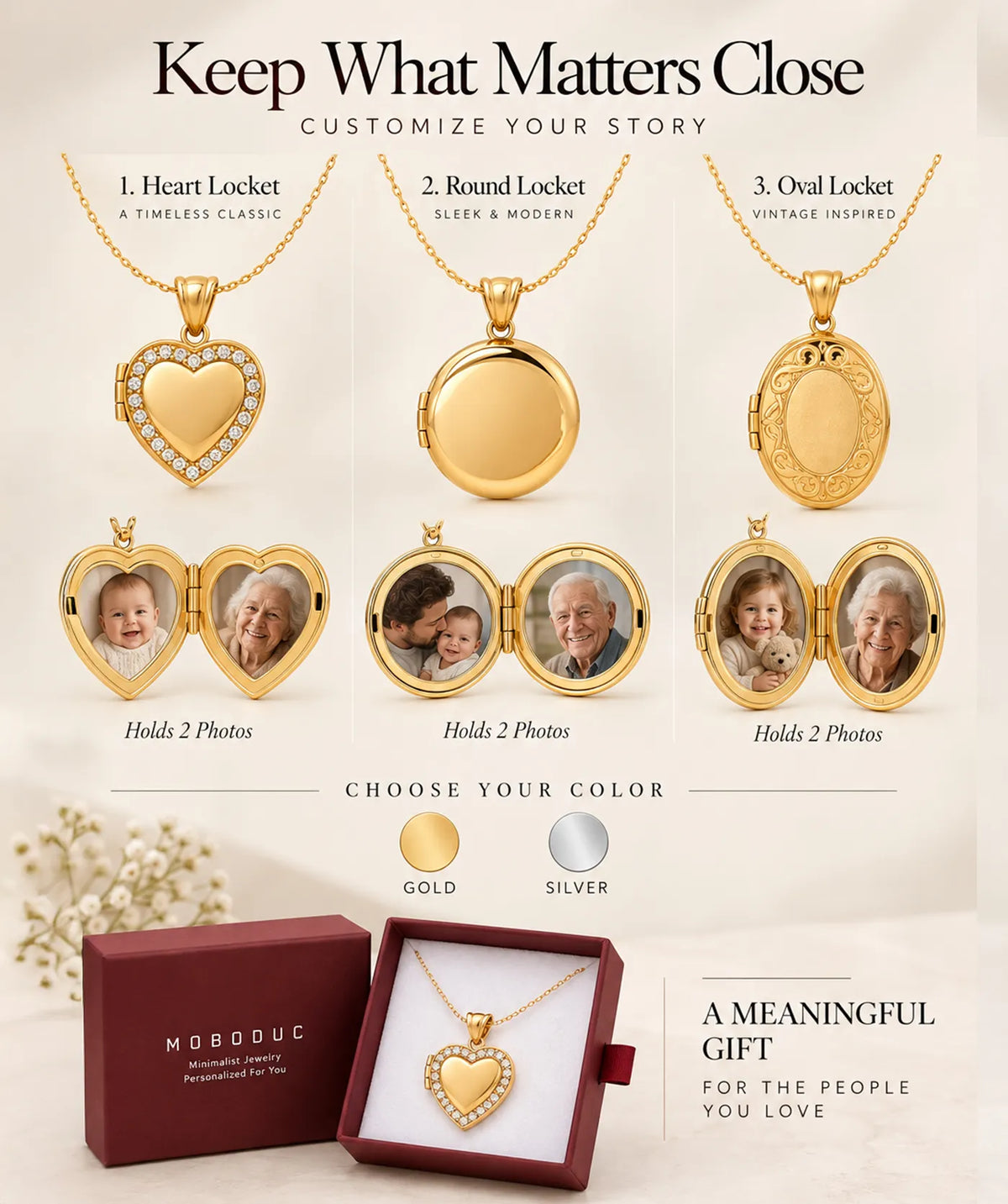Silver Heart Photo Locket Necklace infographic with features and details