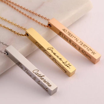 Bar Necklace for Women Vertically Personalized Date, Name Engraved Jewelry Gift