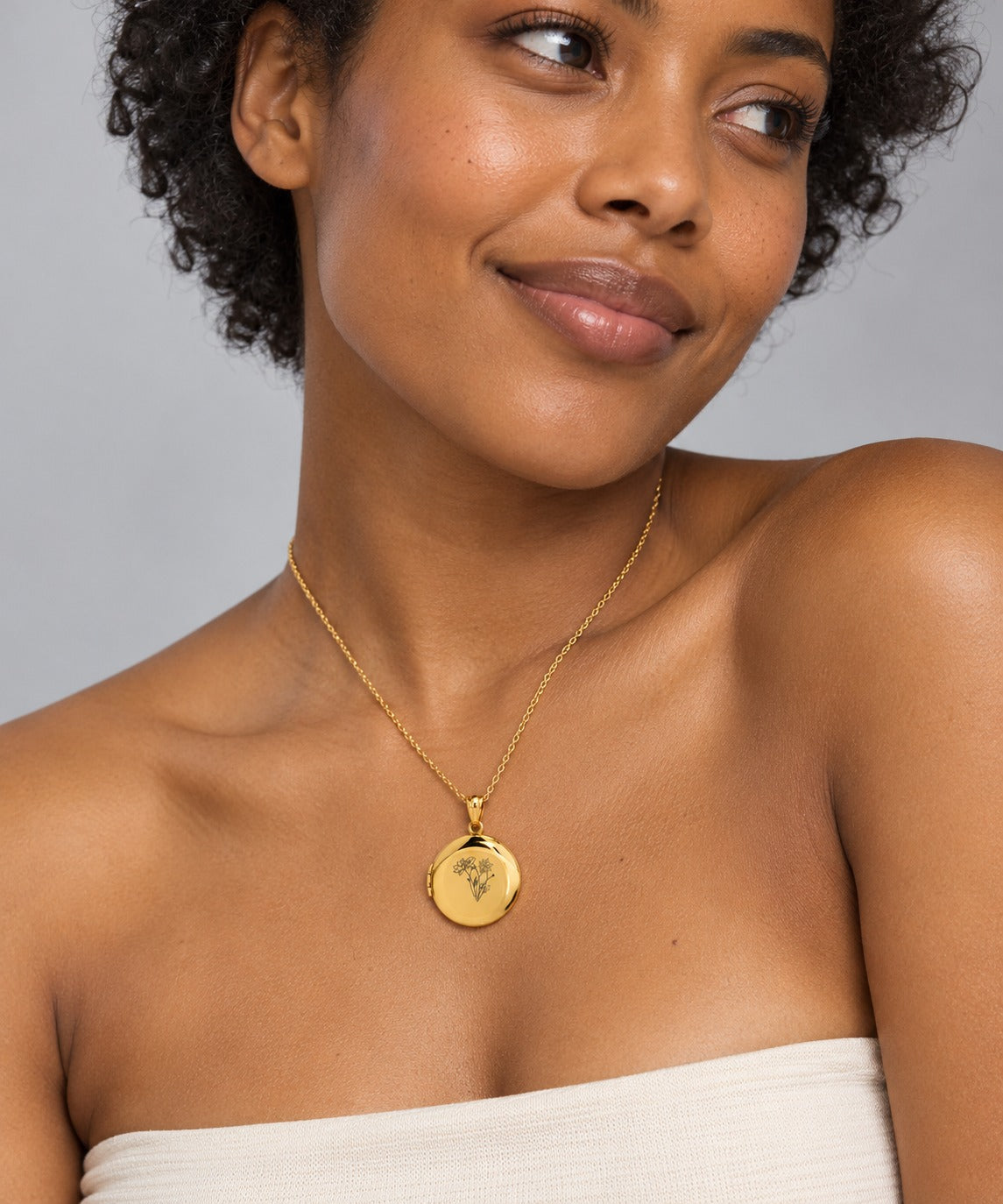 Gold Birth Flower Round Photo Locket on model