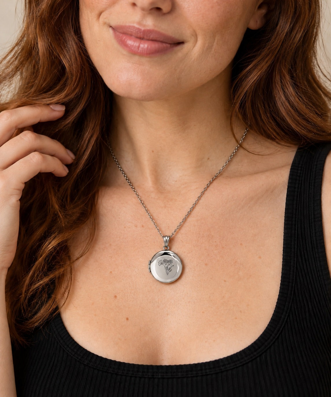Silver Birth Flower Round Photo Locket on model