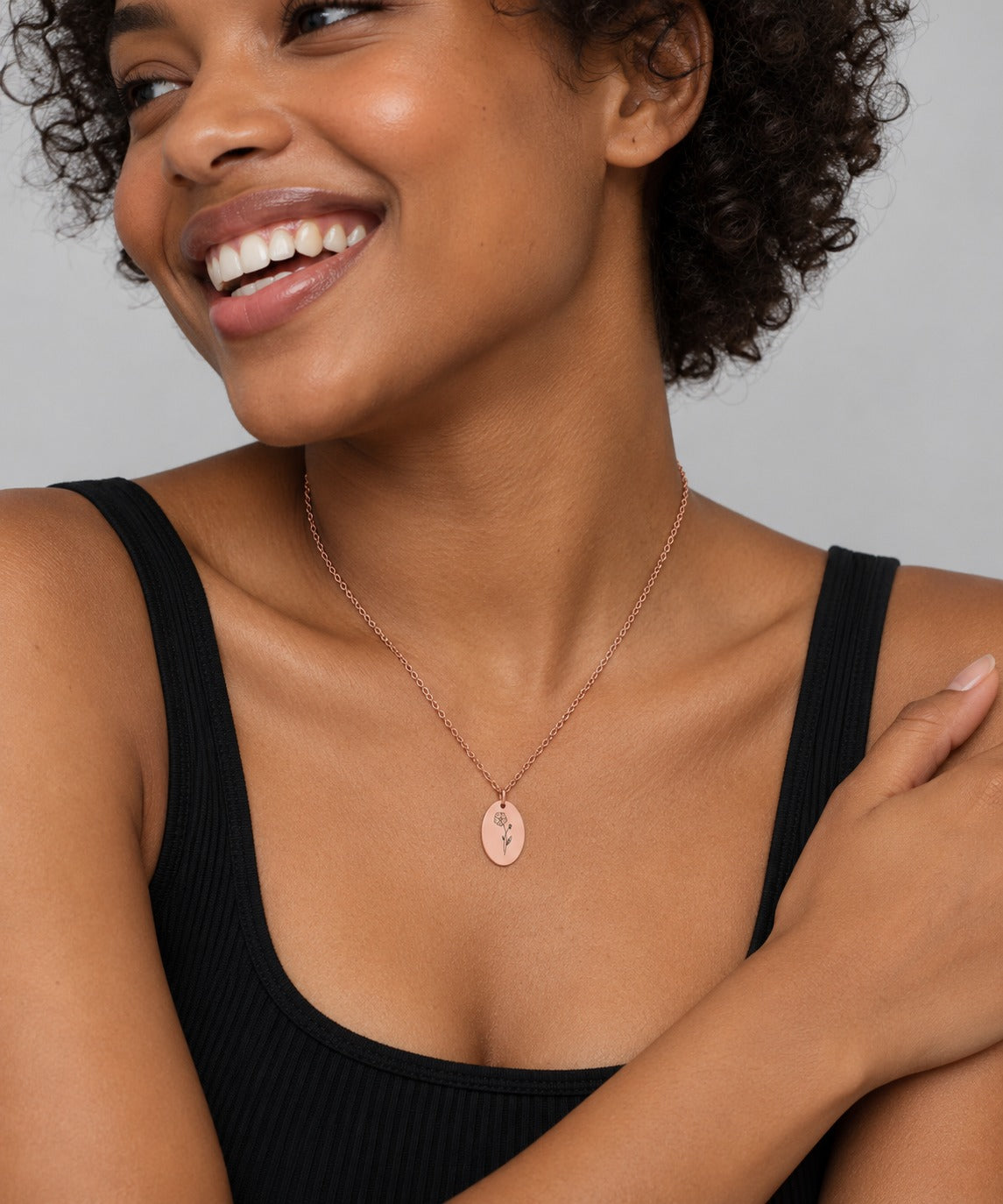 Rose Gold Birth Flower Oval Necklace on model