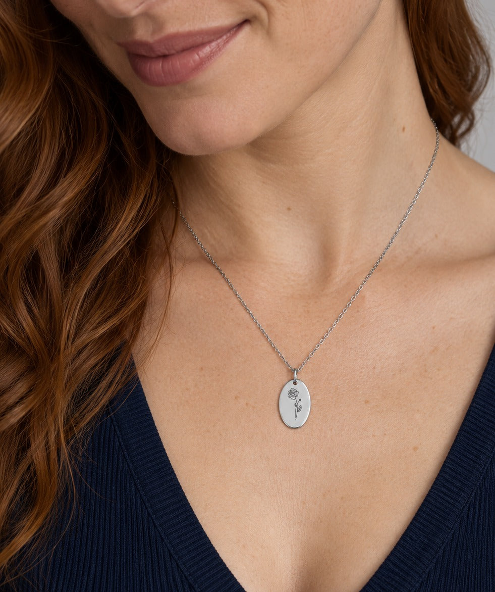 Silver Birth Flower Oval Necklace on model