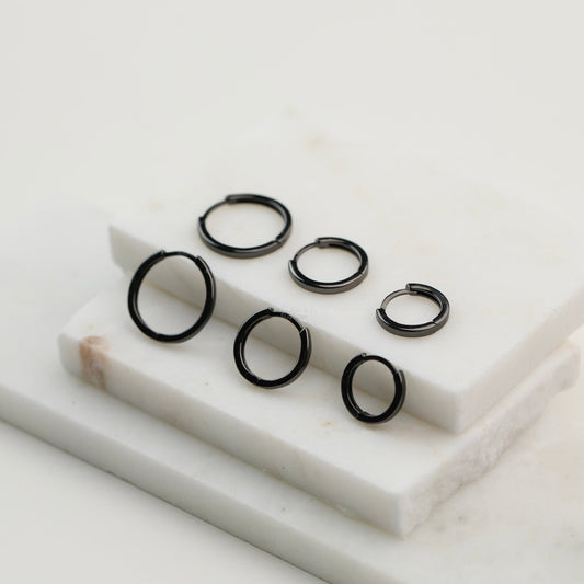 Black Earrings Set Huggie Hoops - Black Sleeper 10mm, 12mm, 15mm Cartilage Earring