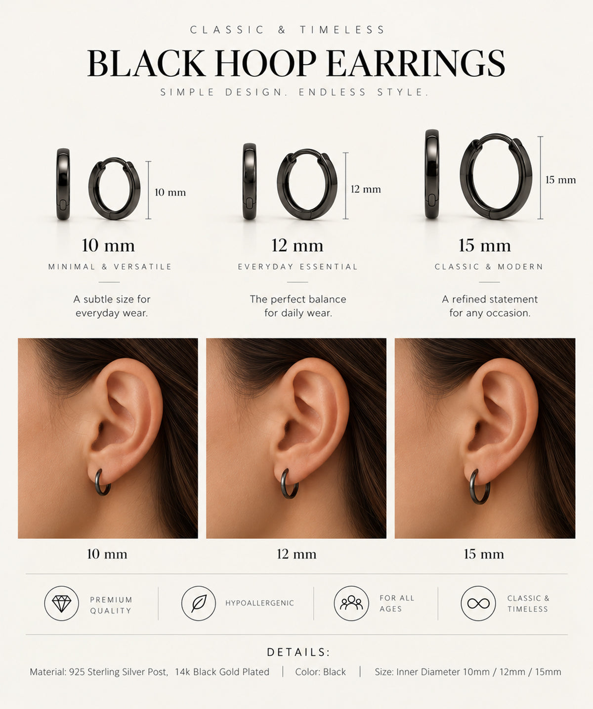 Black Flat Sleeper Hoop Earrings infographic with features and details