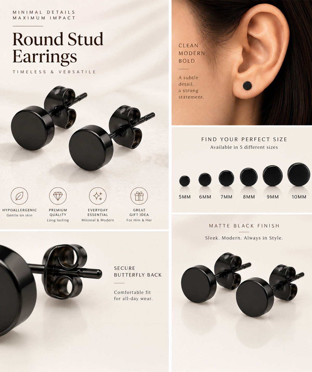 Black Butterfly Stud Earrings infographic with features and details