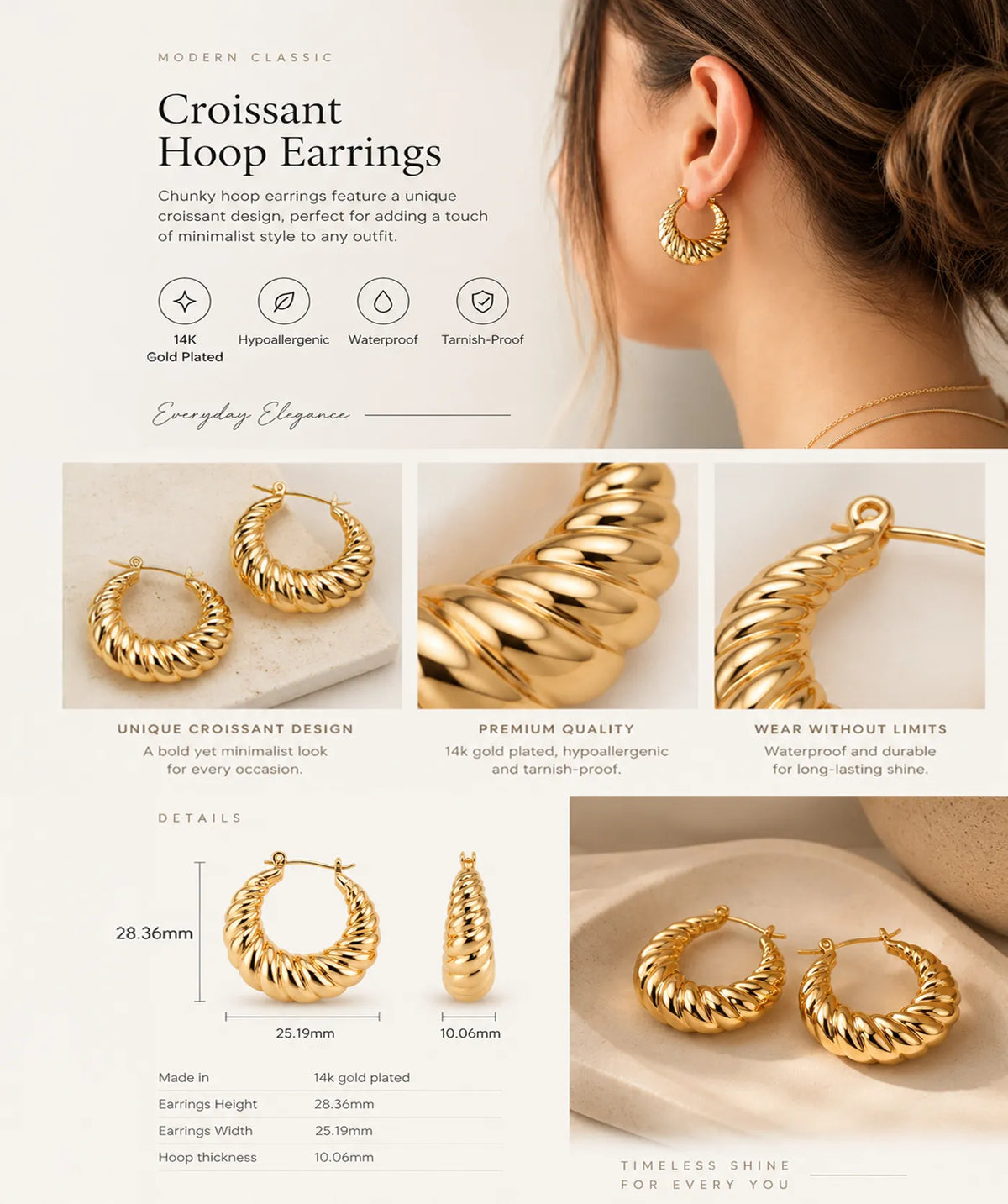 Chunky Oval Croissant Hoop Earrings infographic with features and details