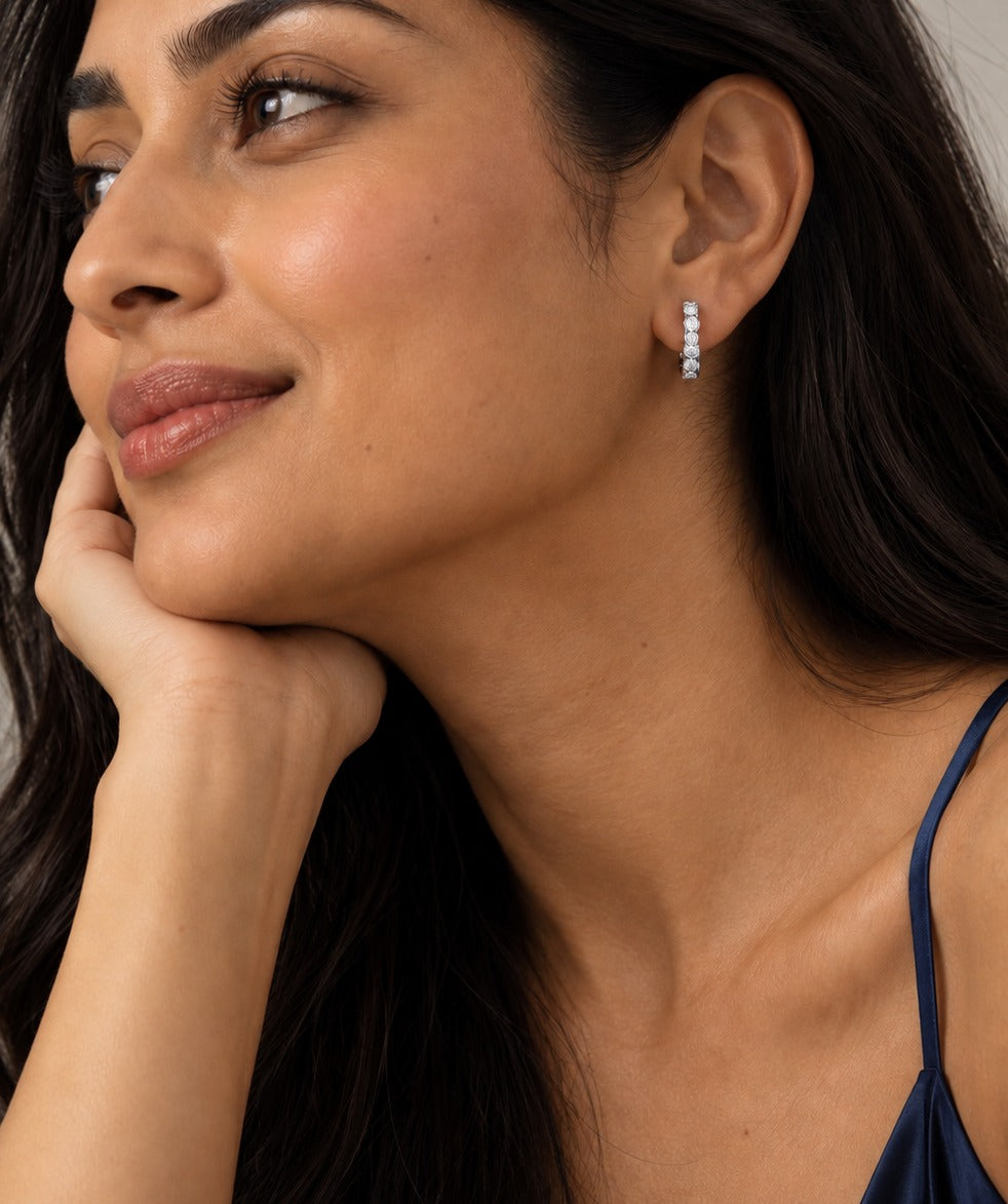 Silver Clear Pave Hoop Earrings on model