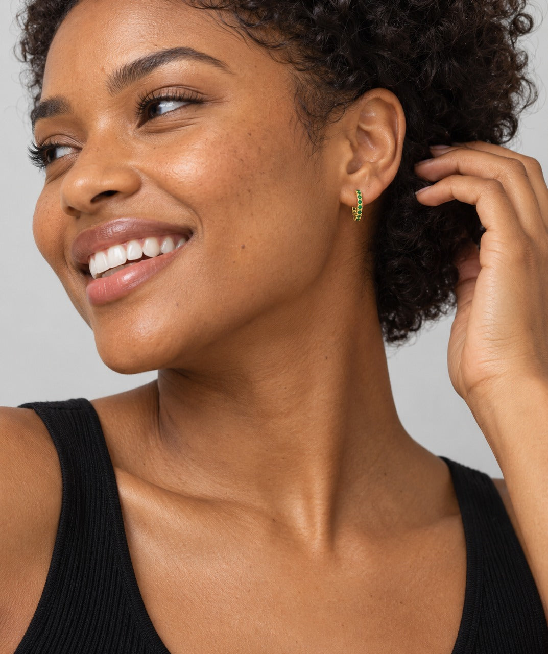 Gold Emerald Pave Hoop Earrings on model