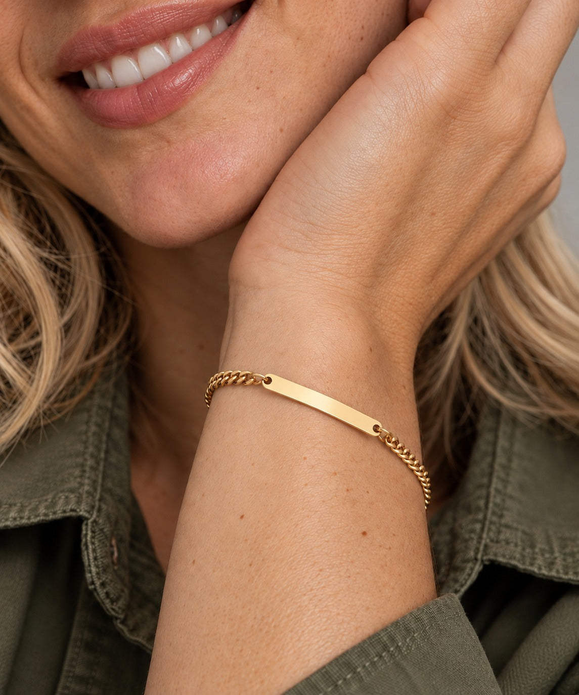 Gold Curb Chain Bracelet on model