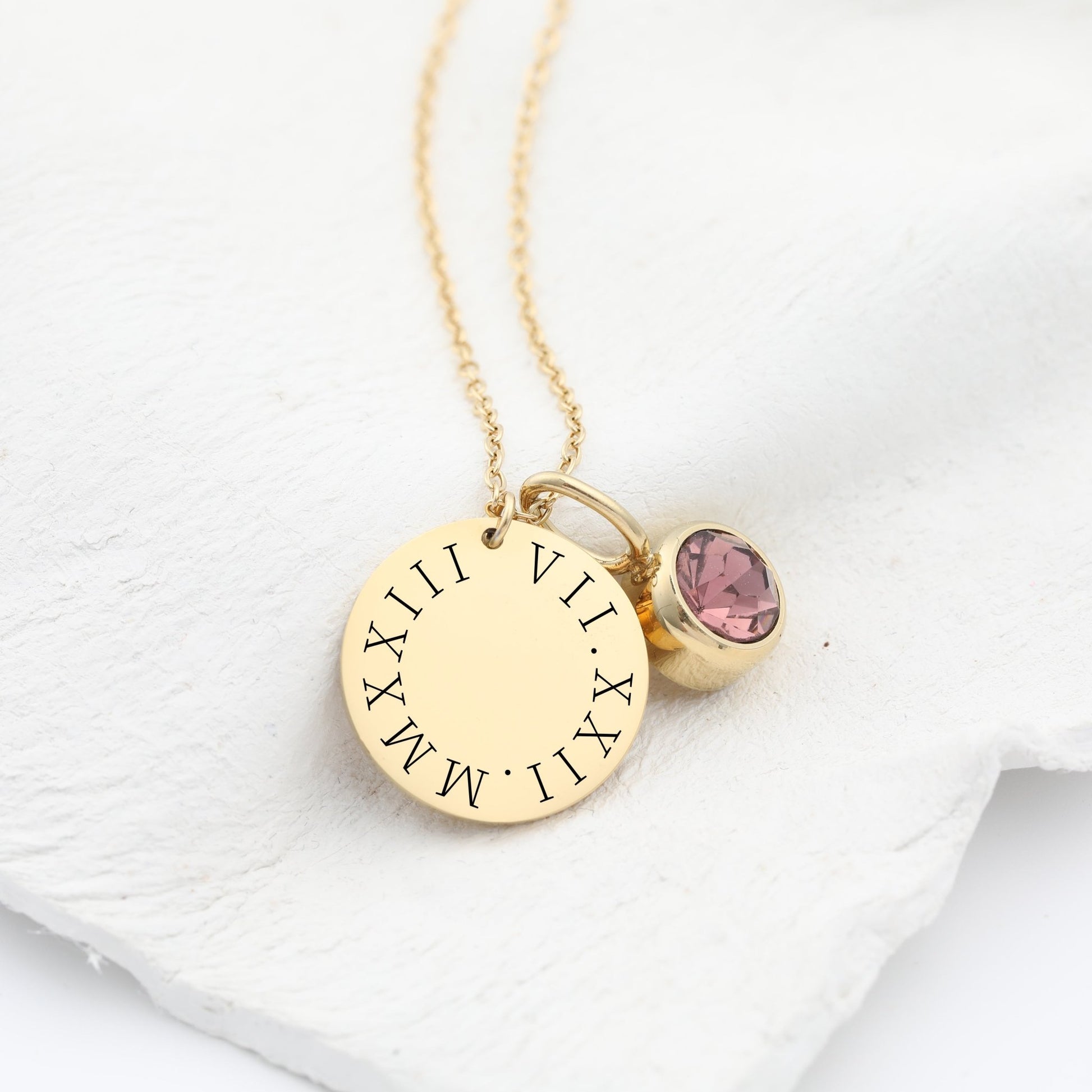 Custom Name Engraved - Roman Numeral Necklace Birthstone Charm - Moboduc Custom Jewelry