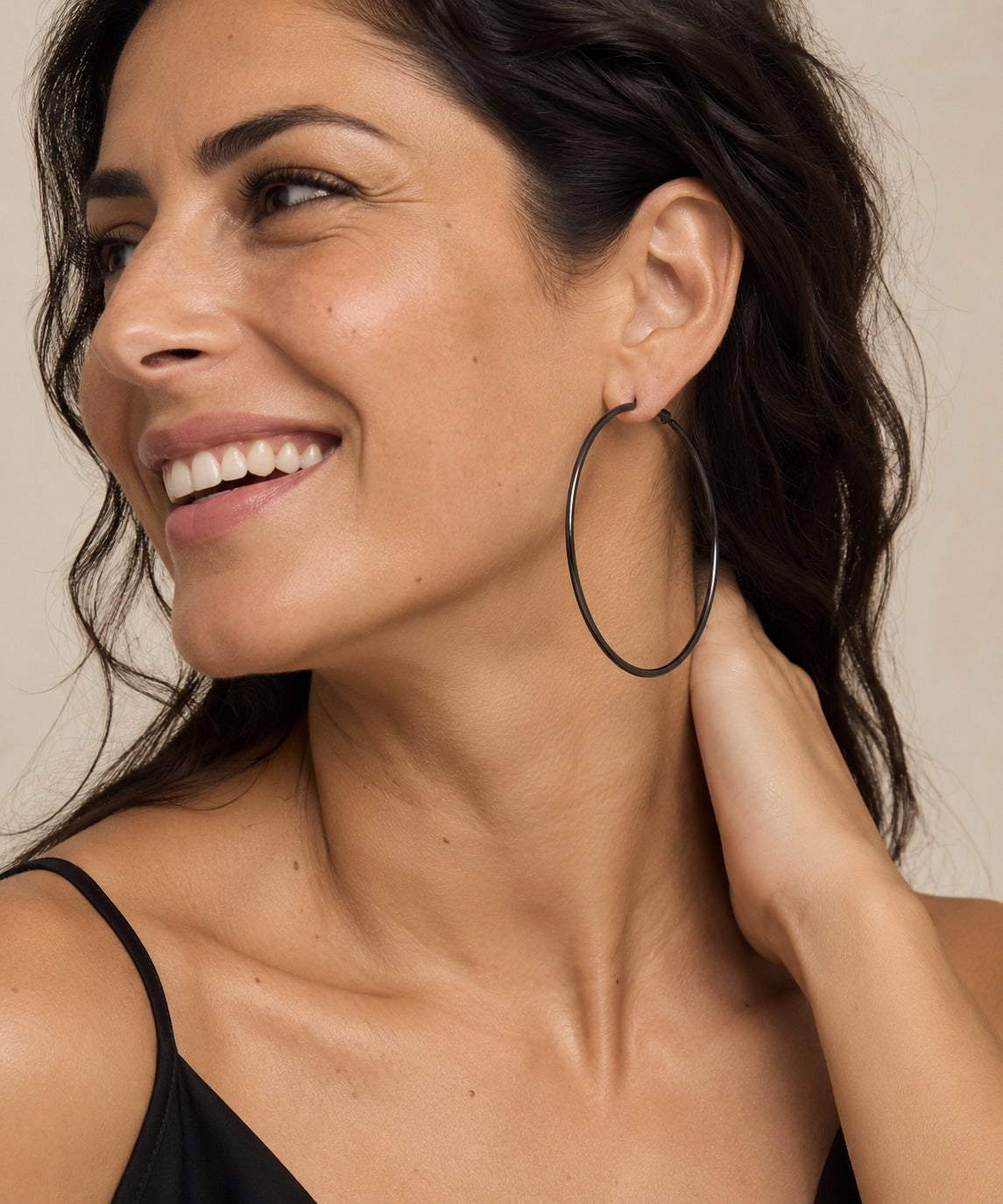 Large Black Hoop Earrings on model