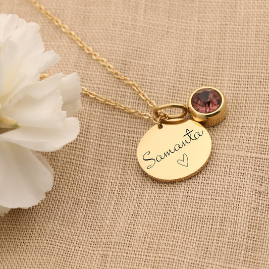 Engraved Necklace Gift for Her Name - Date - Initial Personalized Birthstone Necklace