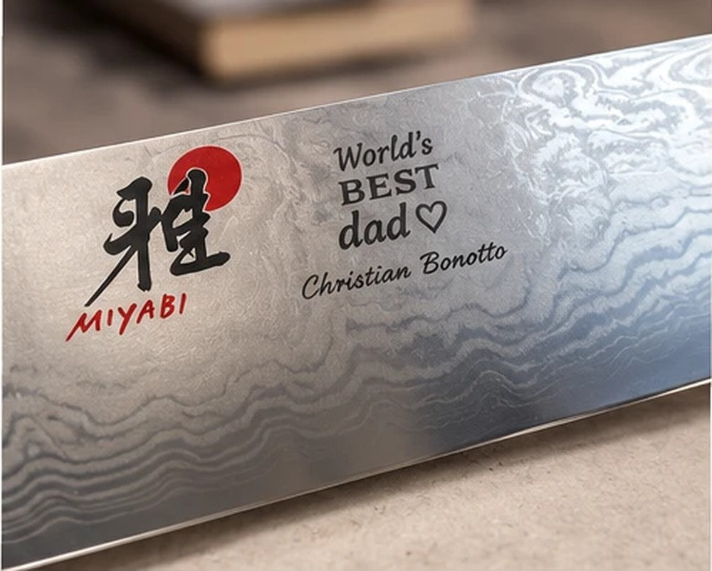 Damascus chef knife engraved with a personal message