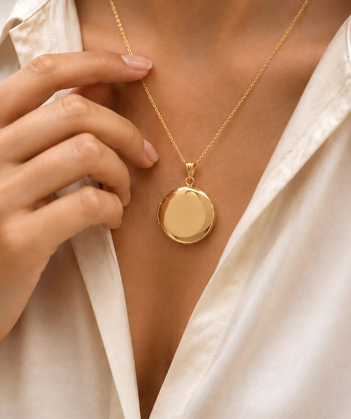 Model wearing the Gold Disc Photo Locket Necklace around the neck