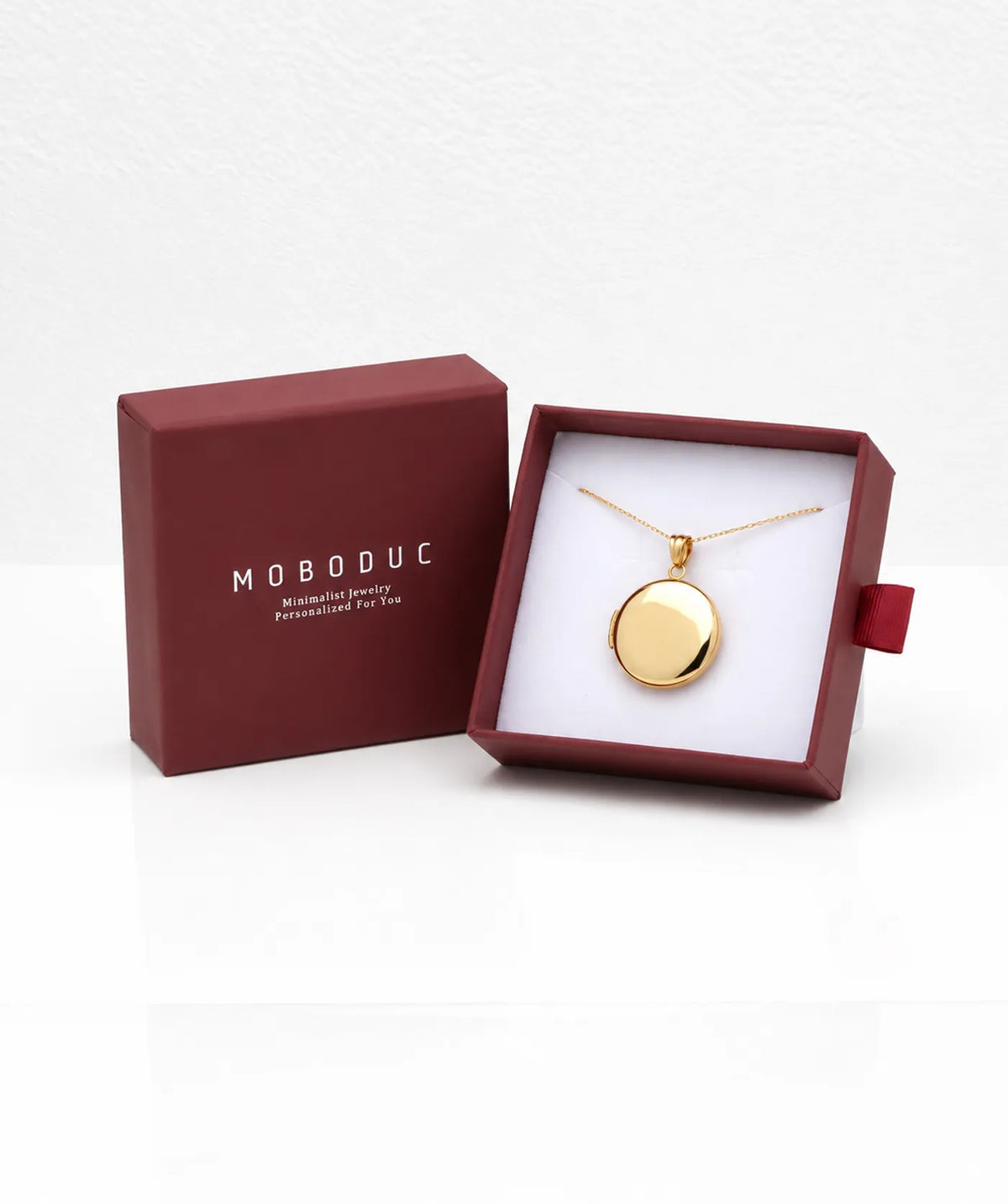 Gold Disc Photo Locket Necklace in a Moboduc gift box