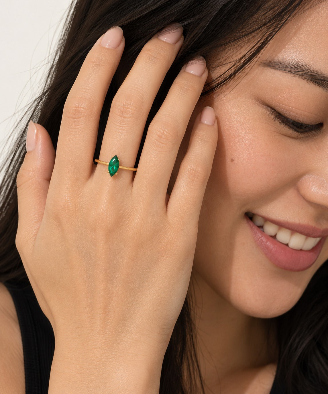 Green Stone Ring with Clear CZ on model