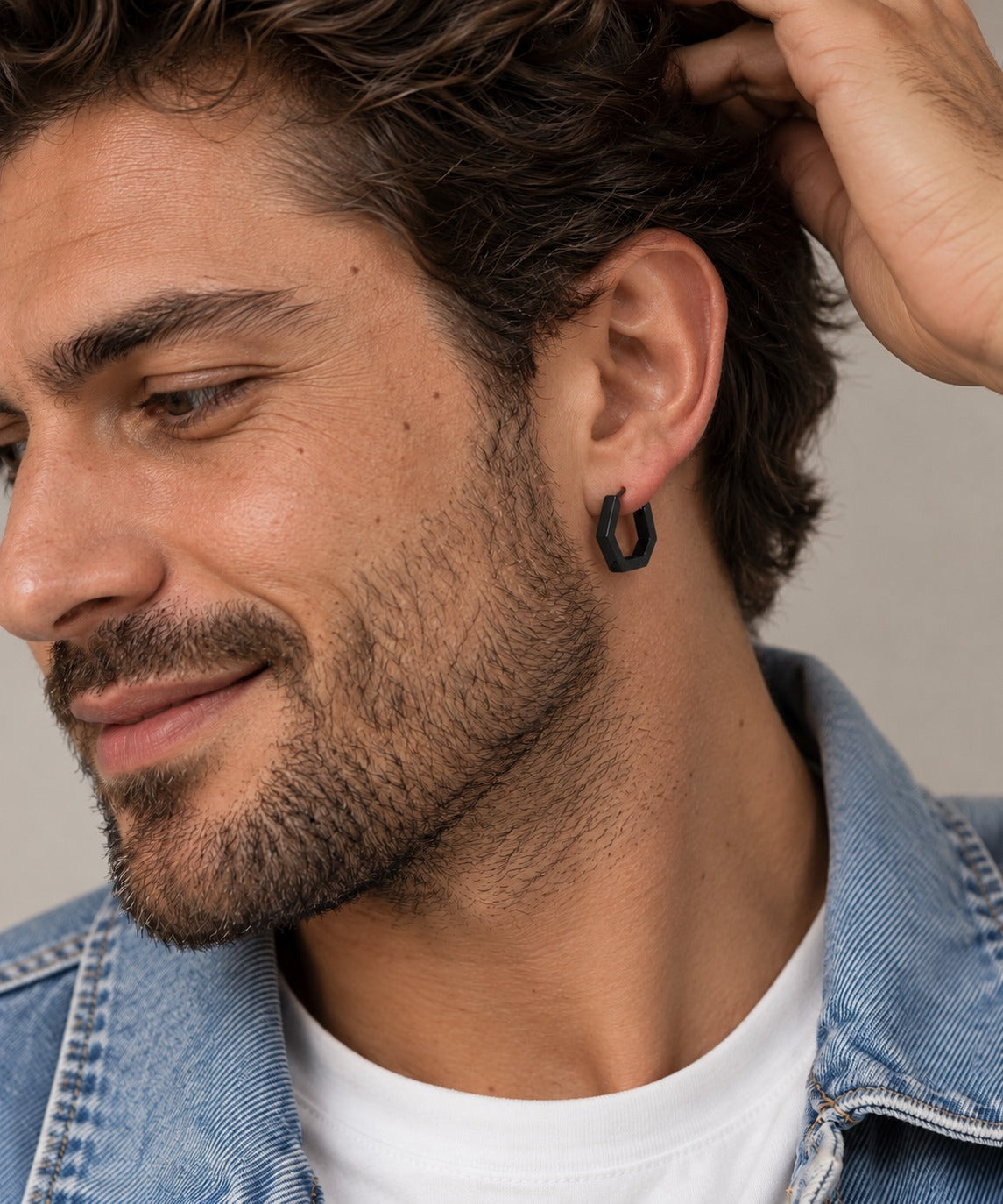 Hexagon Hoop Earrings on model