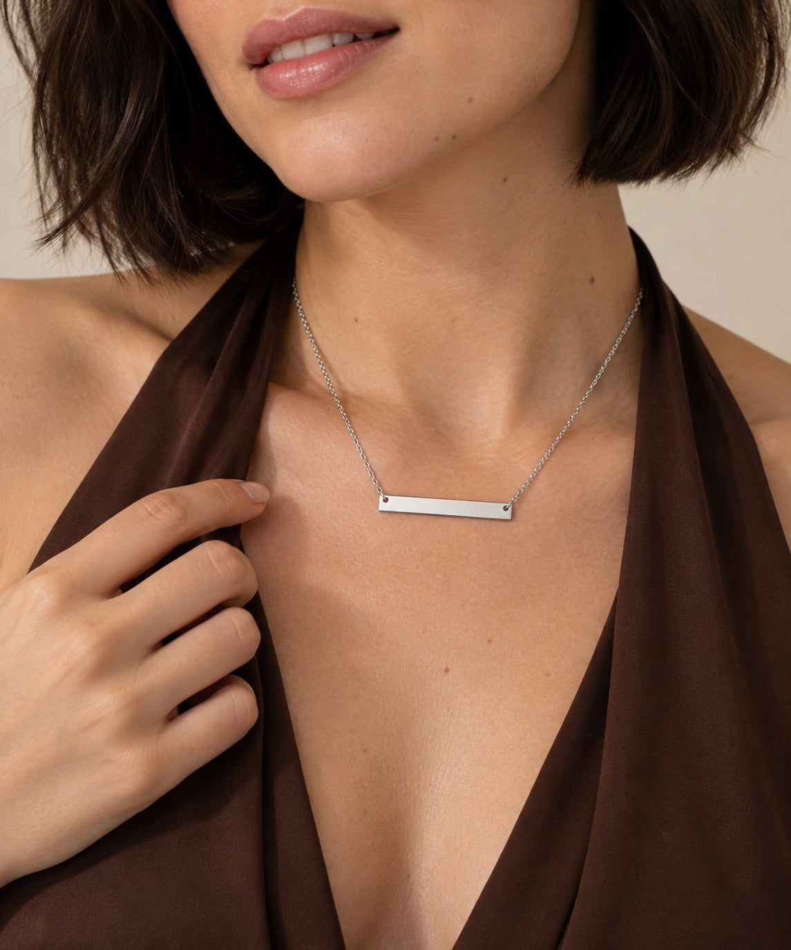 Silver Horizontal Tag Necklace on model