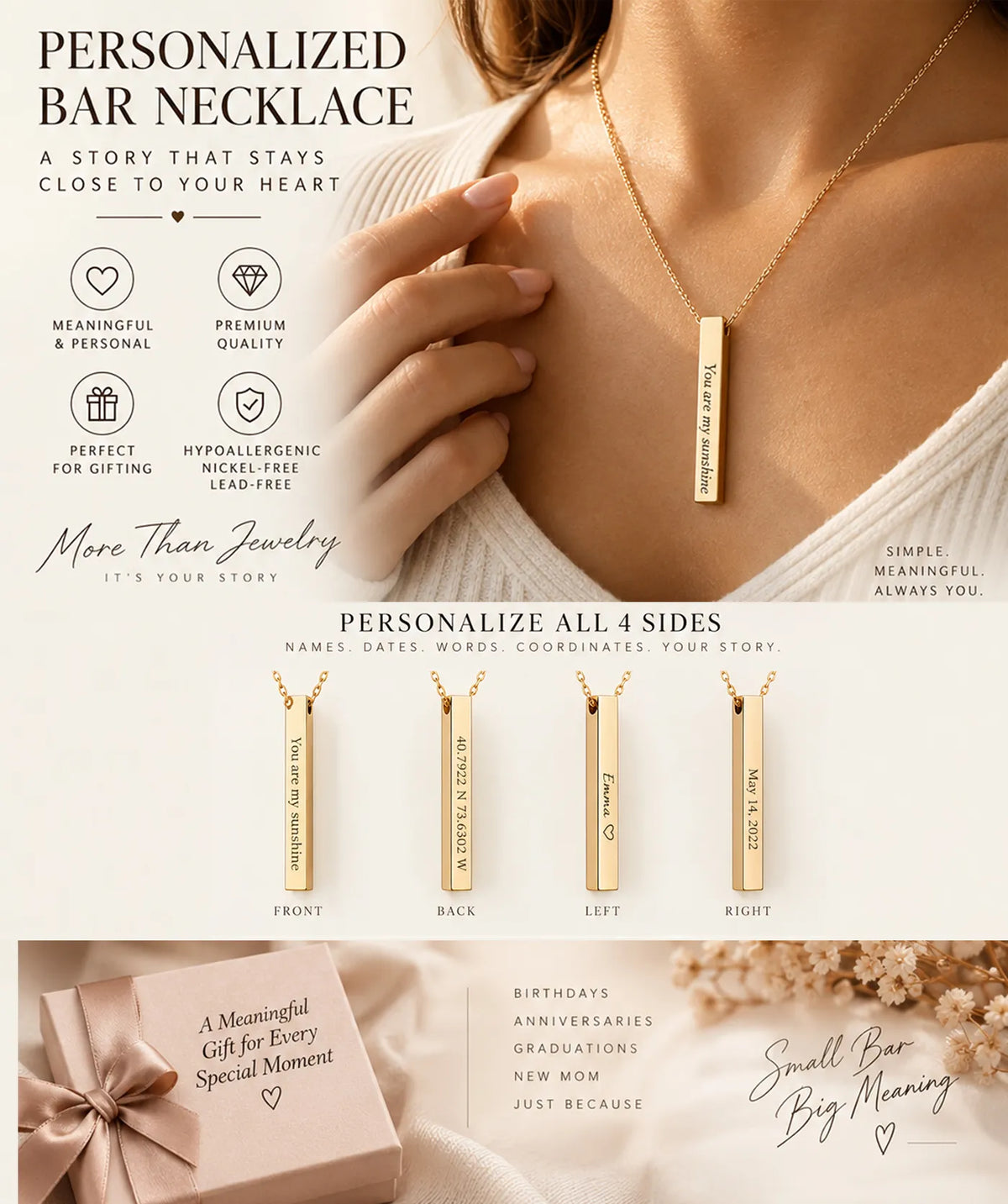 Silver Vertical Bar Necklace infographic with features and details