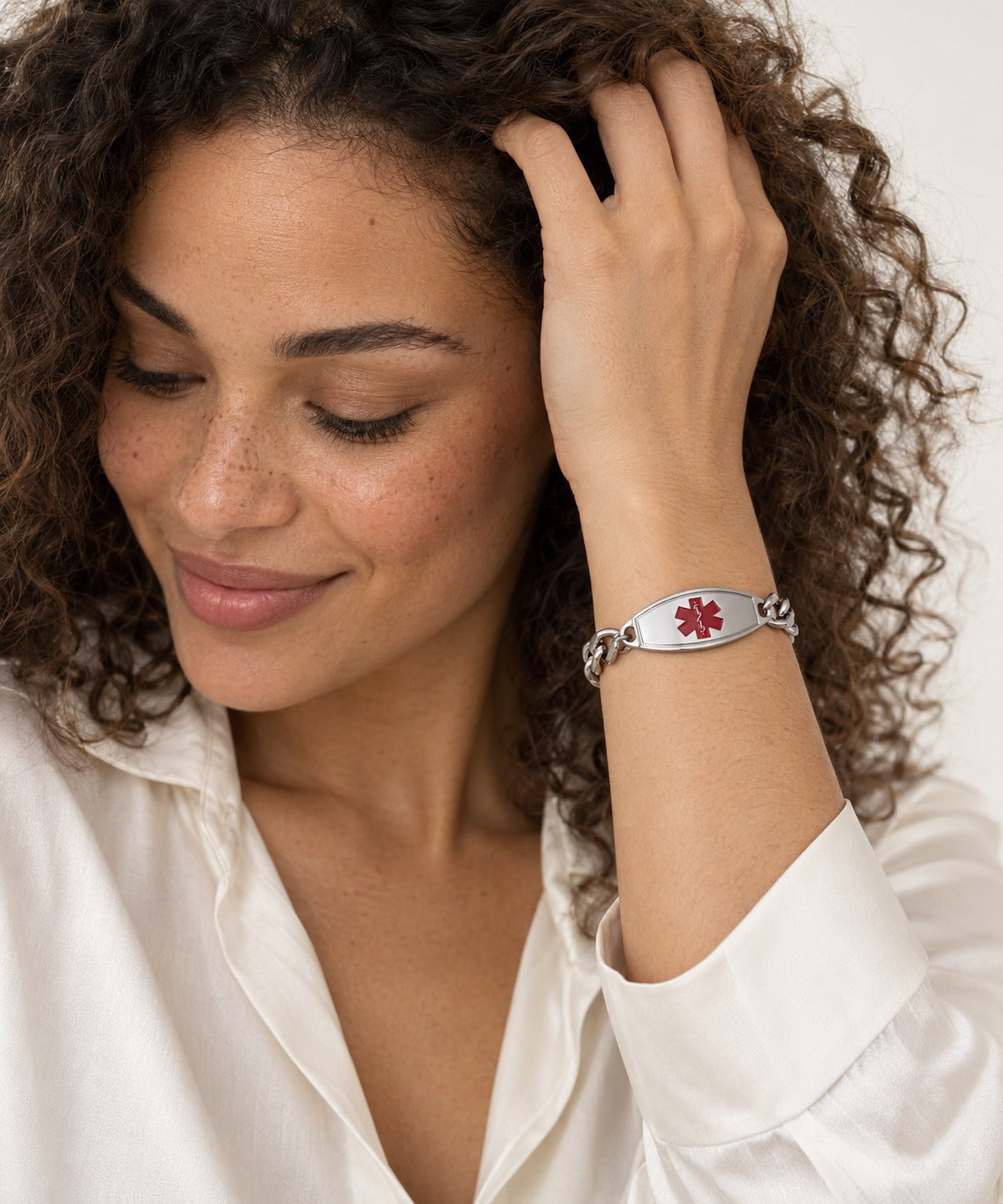 Silver Medical ID Bracelet Large on model