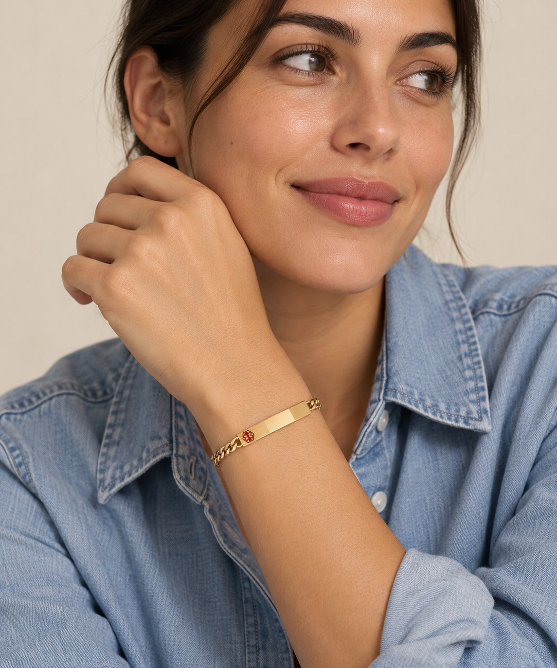 Gold Medical ID Bracelet Small on model