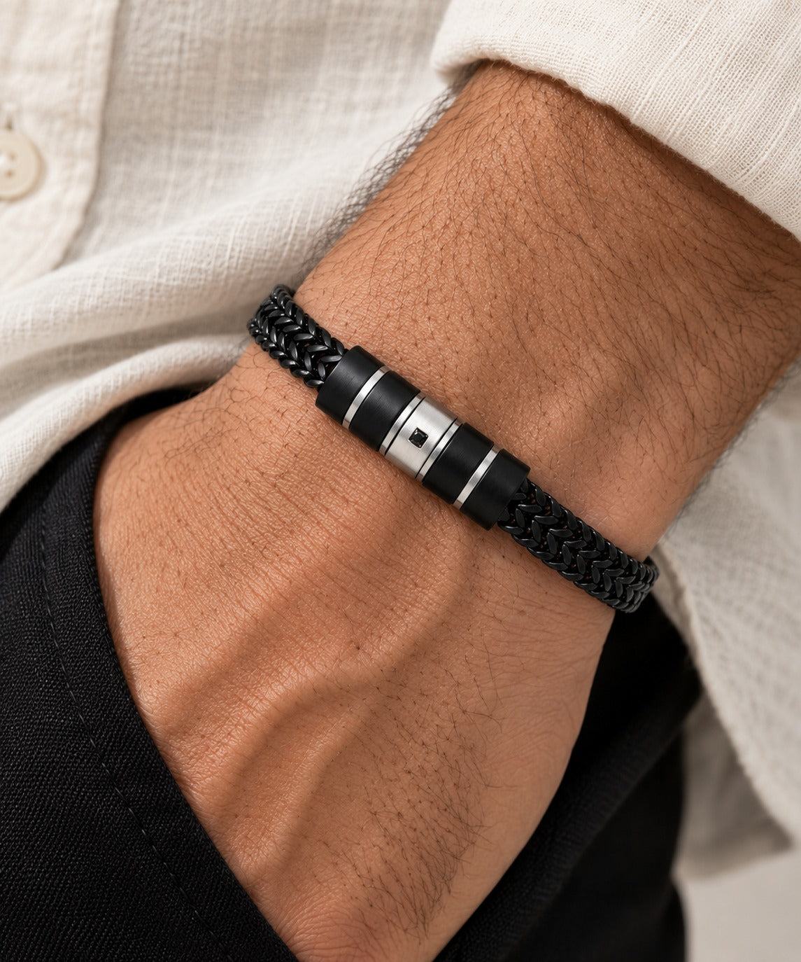 Men's Black Engraved Bead Bracelet on model