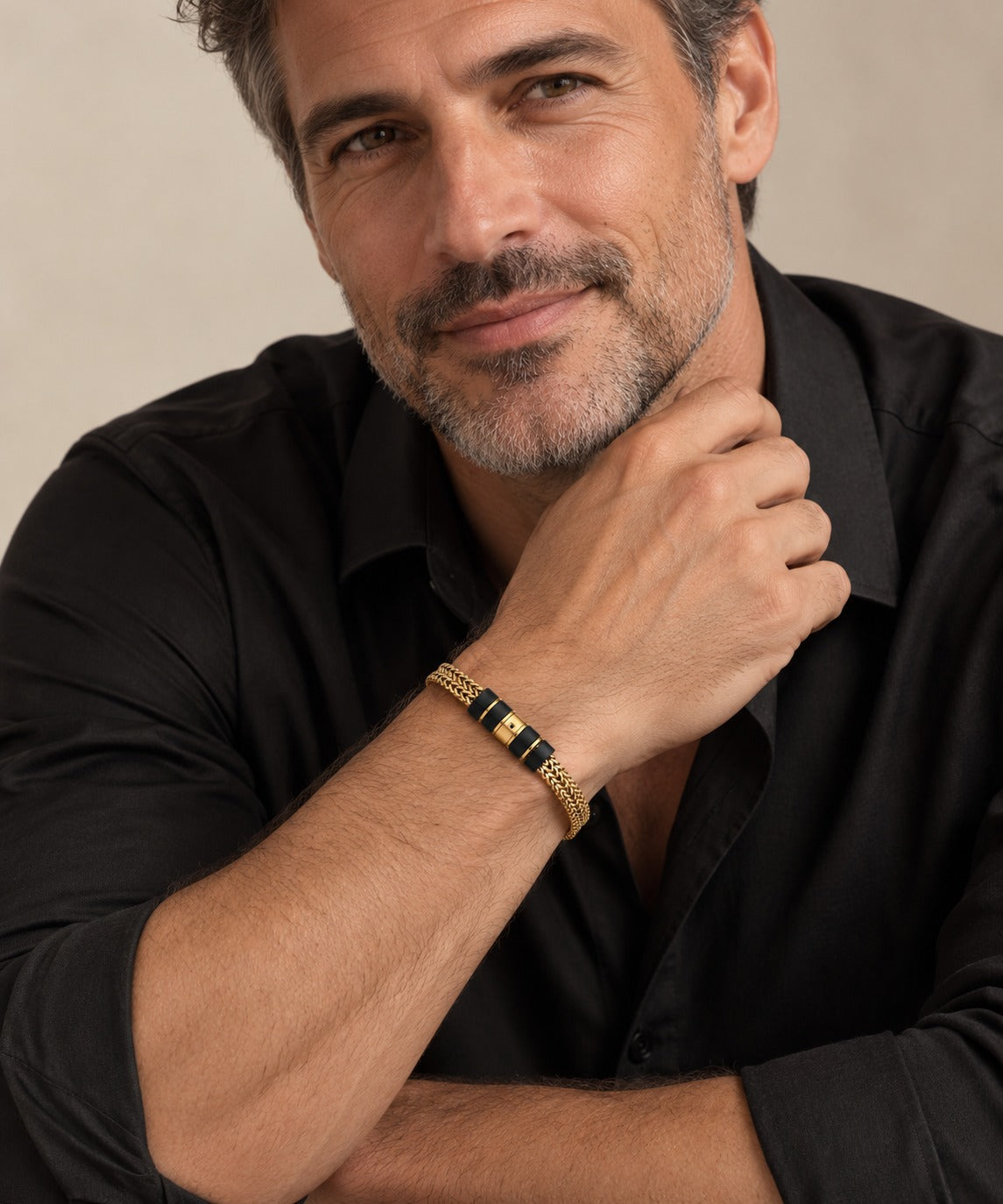 Men's Gold Engraved Bead Bracelet on model