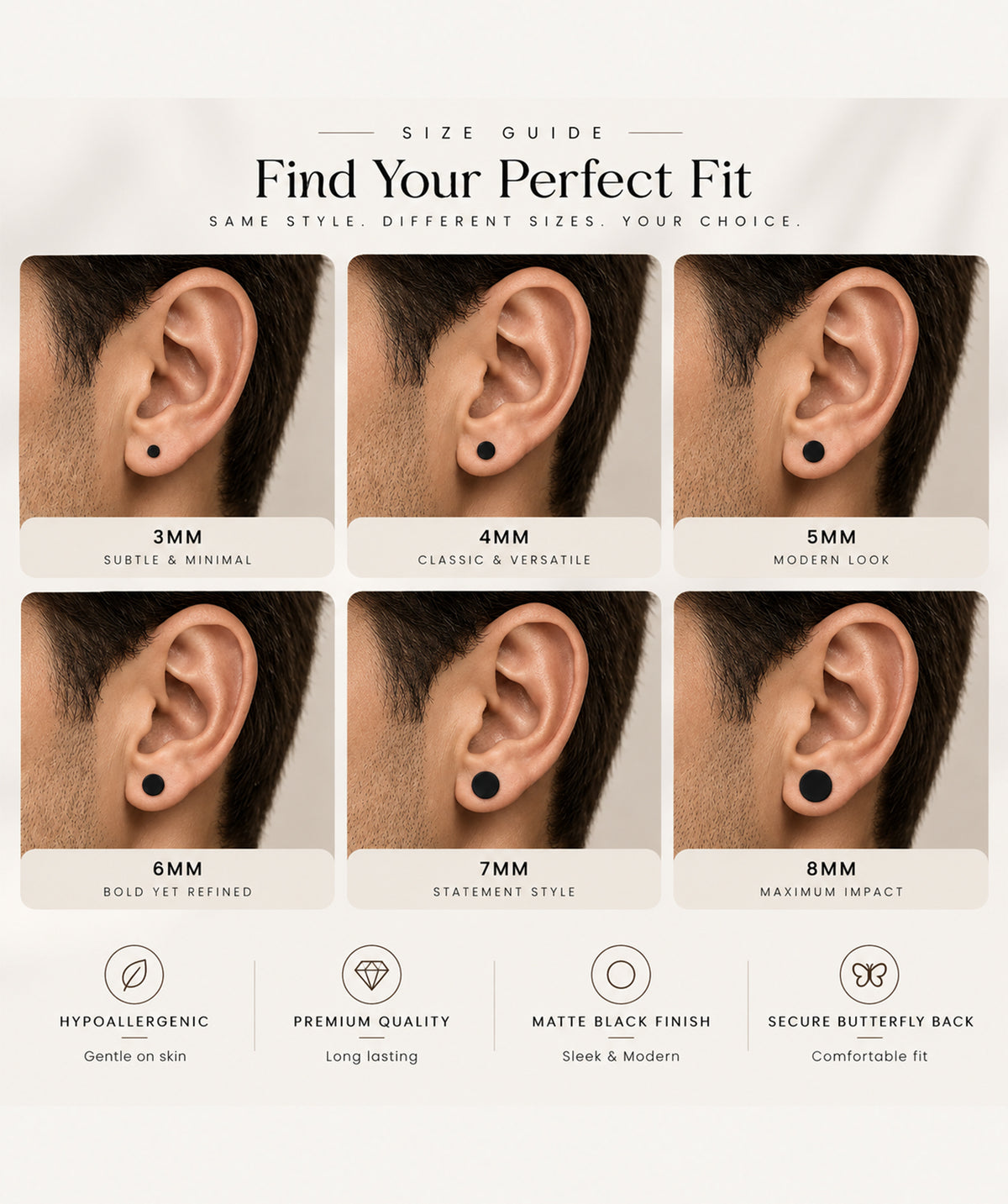Size guide for the Black Butterfly Stud Earrings