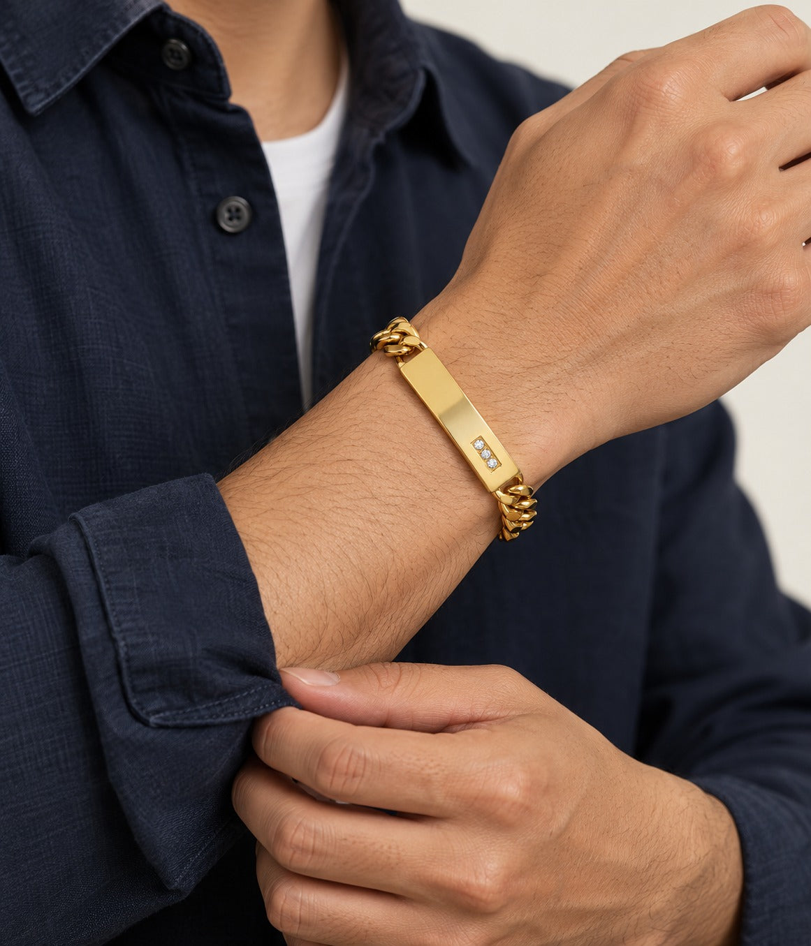 Men's Gold Thick Bar Bracelet on model