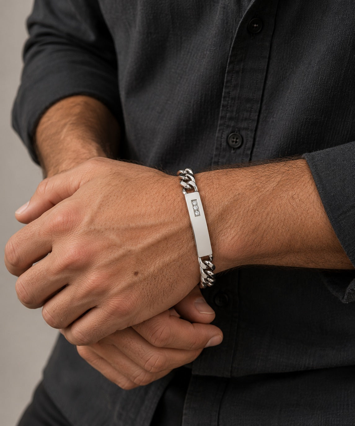 Men's Silver Thick Bar Bracelet on model