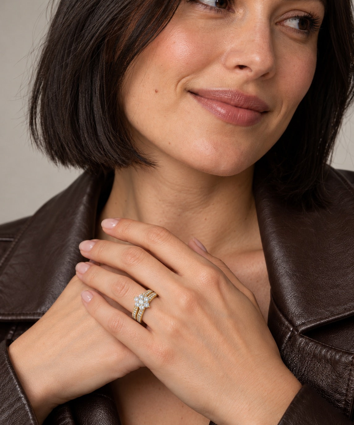 Gold Moissanite Flower Stacking Ring on model