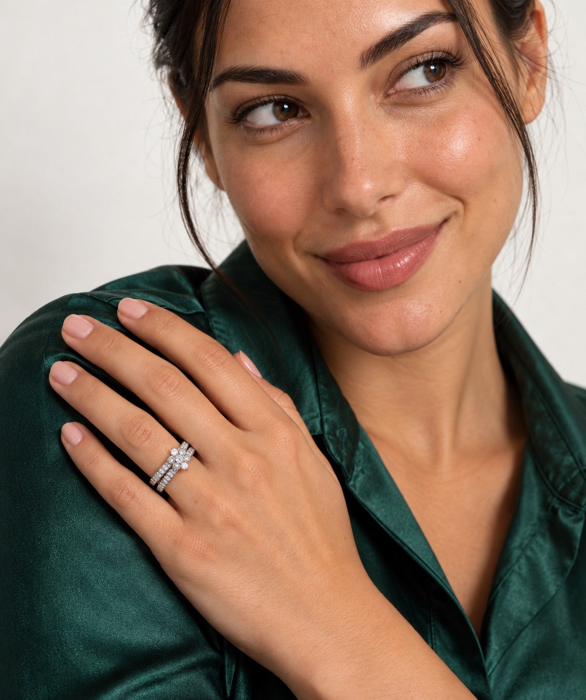 Silver Moissanite Flower Stacking Ring on model