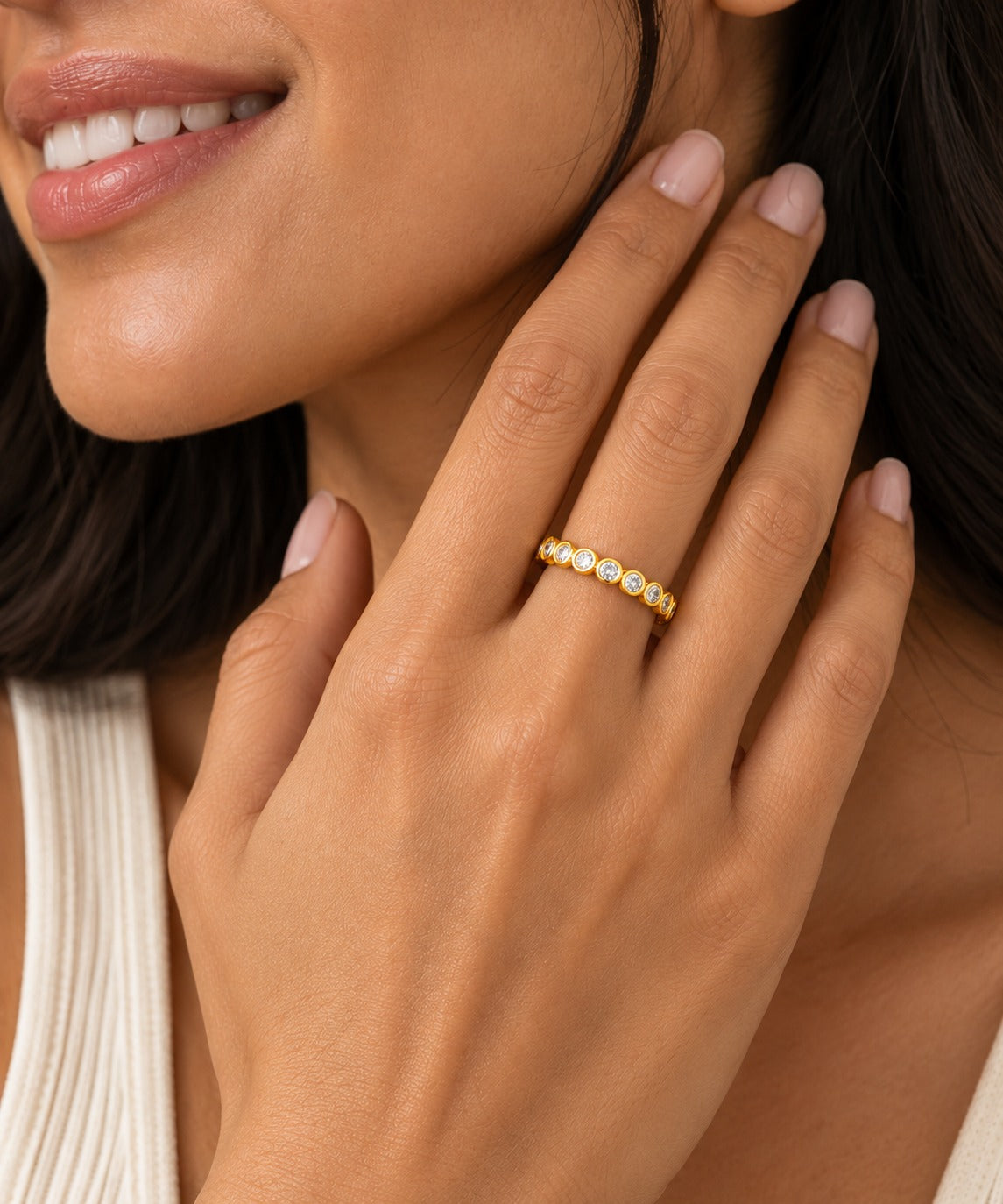 Gold Moissanite Round Tennis Ring on model
