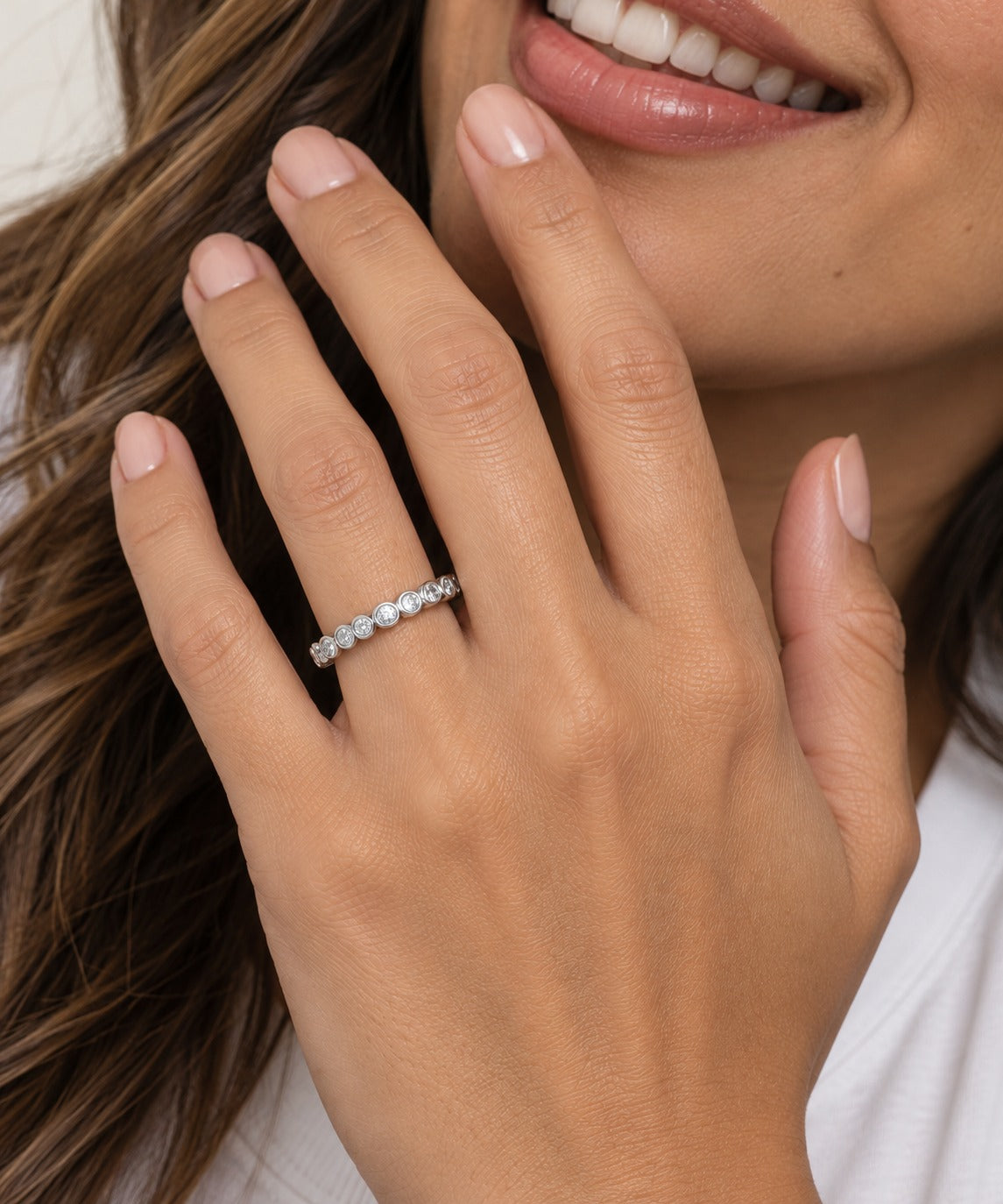 Silver Moissanite Round Tennis Ring on model