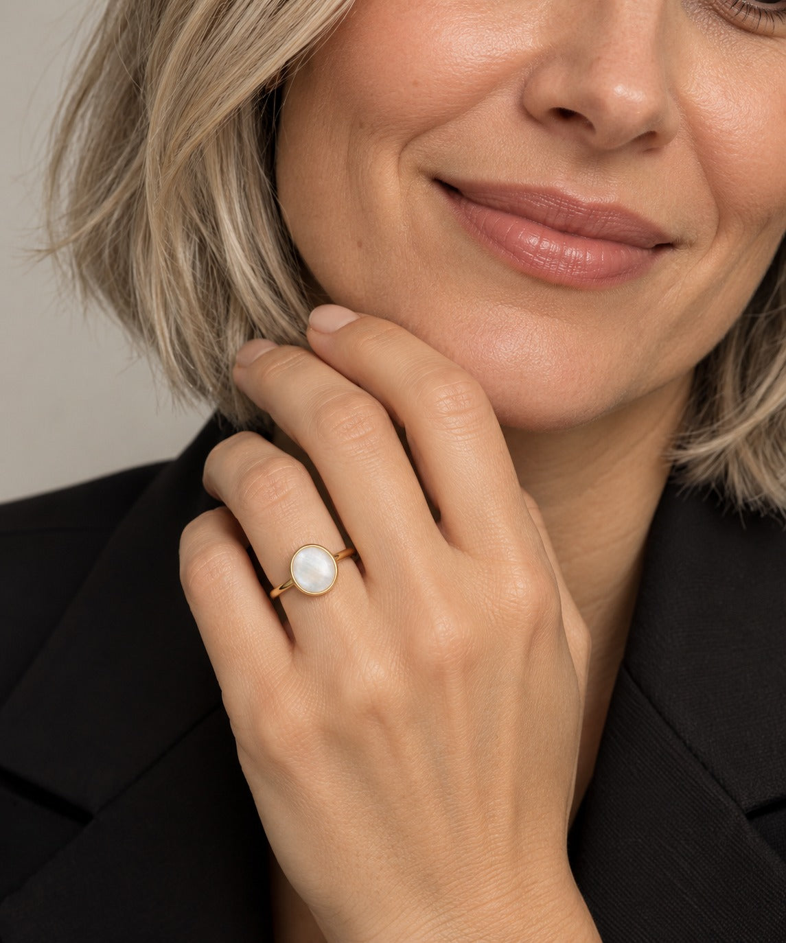 Gold Mother of Pearl Stone Ring on model