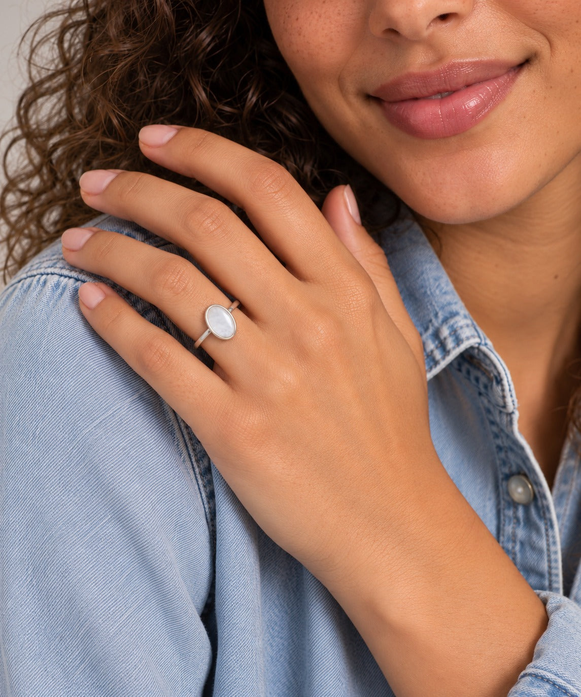 Silver Mother of Pearl Stone Ring on model