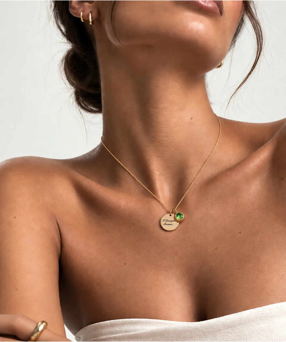 Model wearing the Gold Silver Disc Necklace around the neck