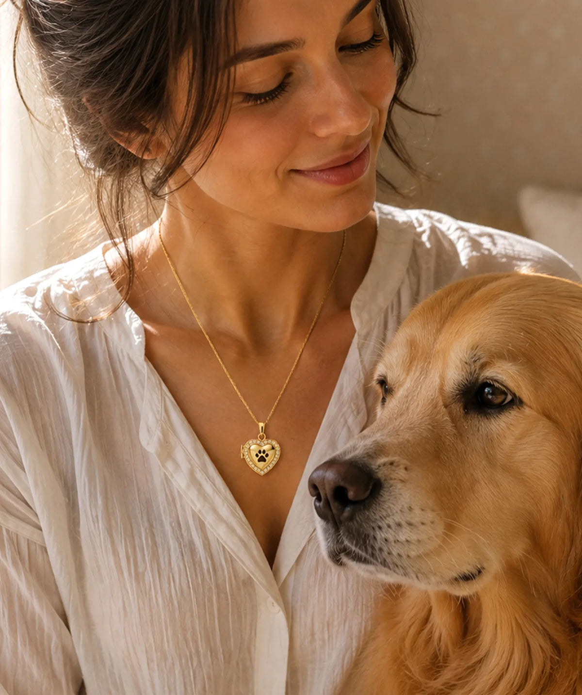 Model wearing the Gold Heart Photo Locket Necklace around the neck