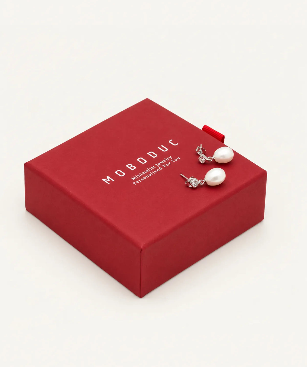 Silver Pearl Drop Stud Earrings in a Moboduc gift box
