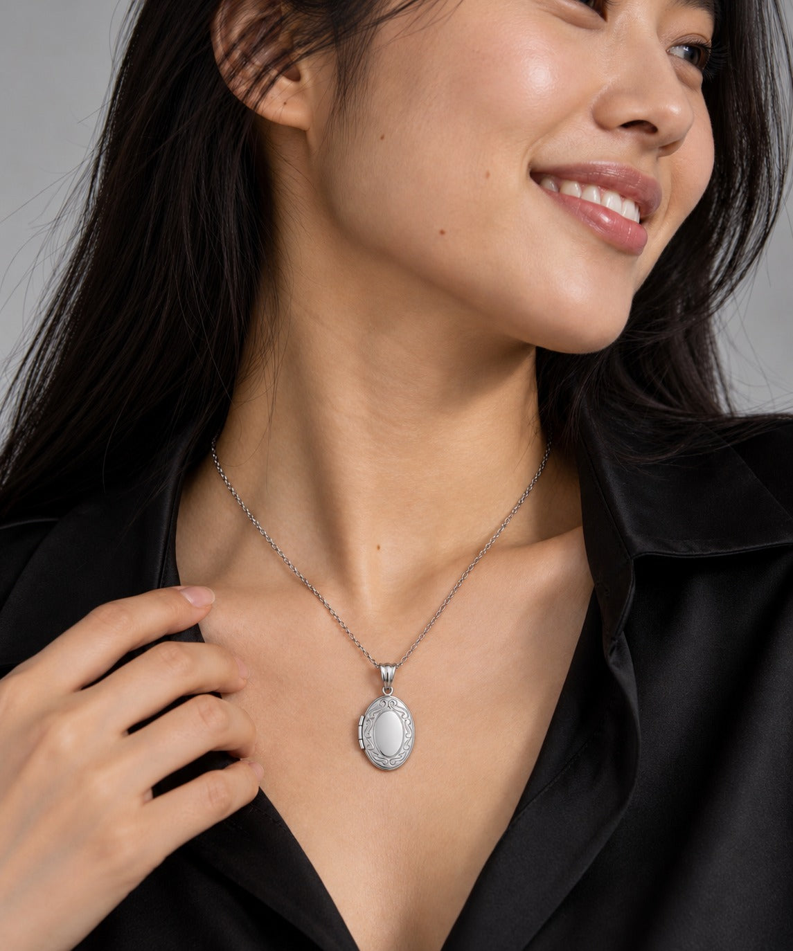 Silver Oval Photo Locket Necklace on model