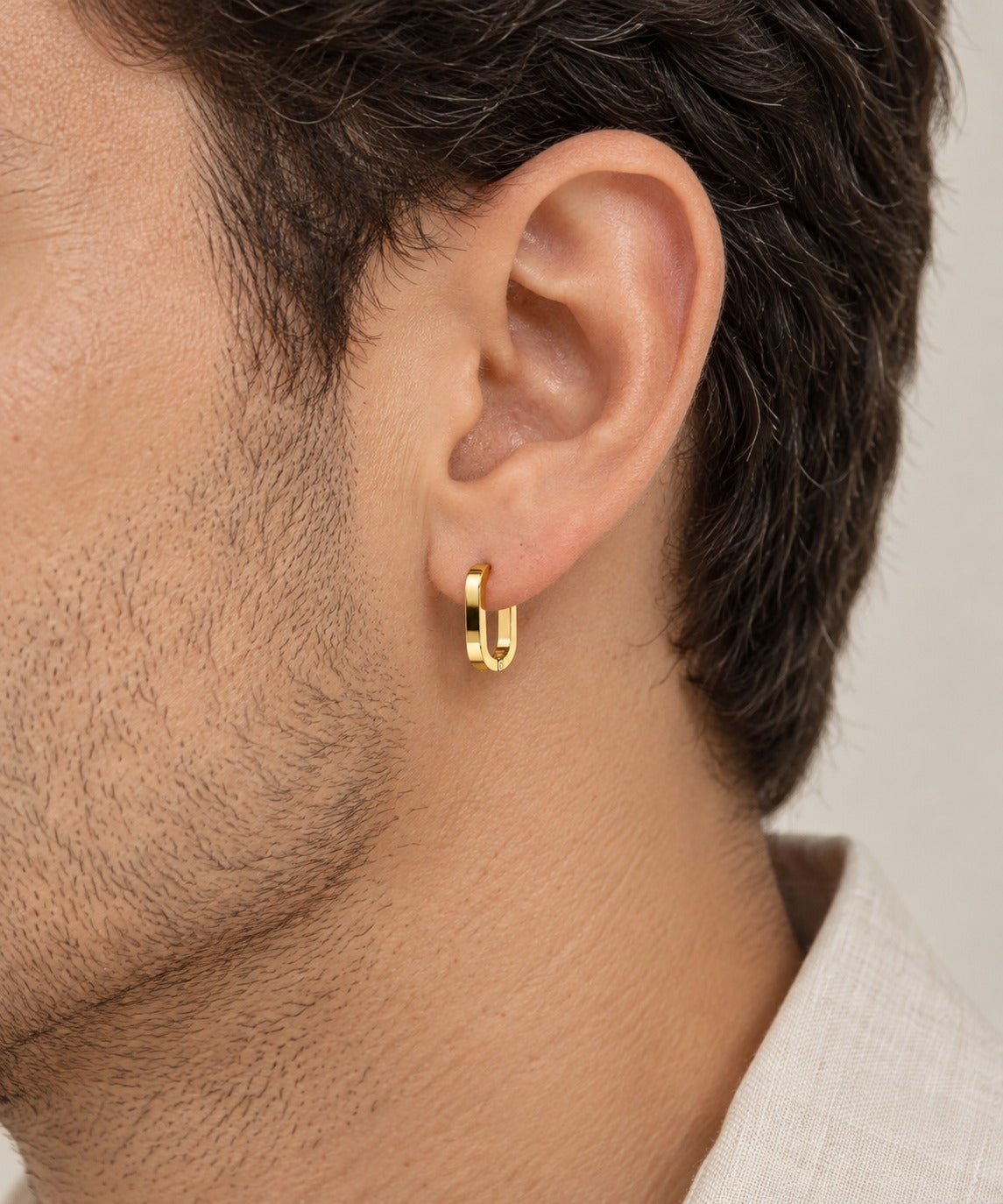 Gold Rectangular Hoop Earrings on model