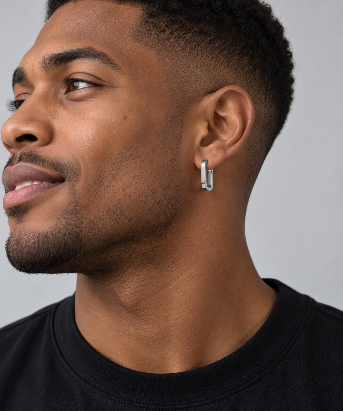 Silver Rectangular Hoop Earrings on model
