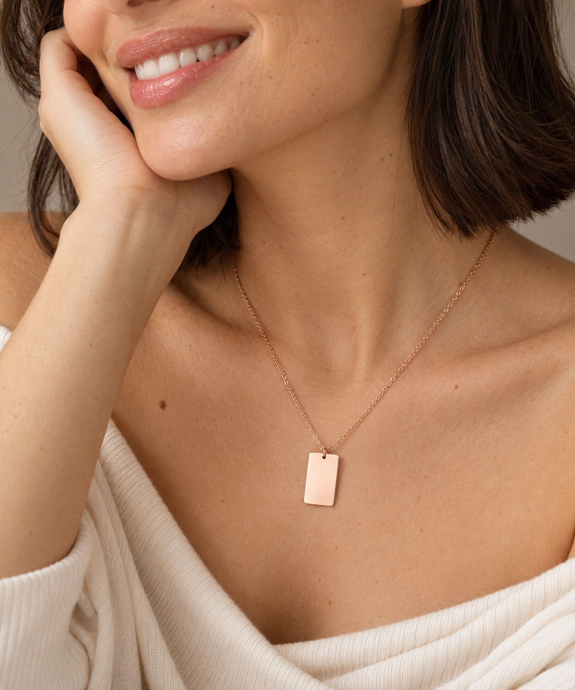 Rose Gold Rectangular Necklace on model