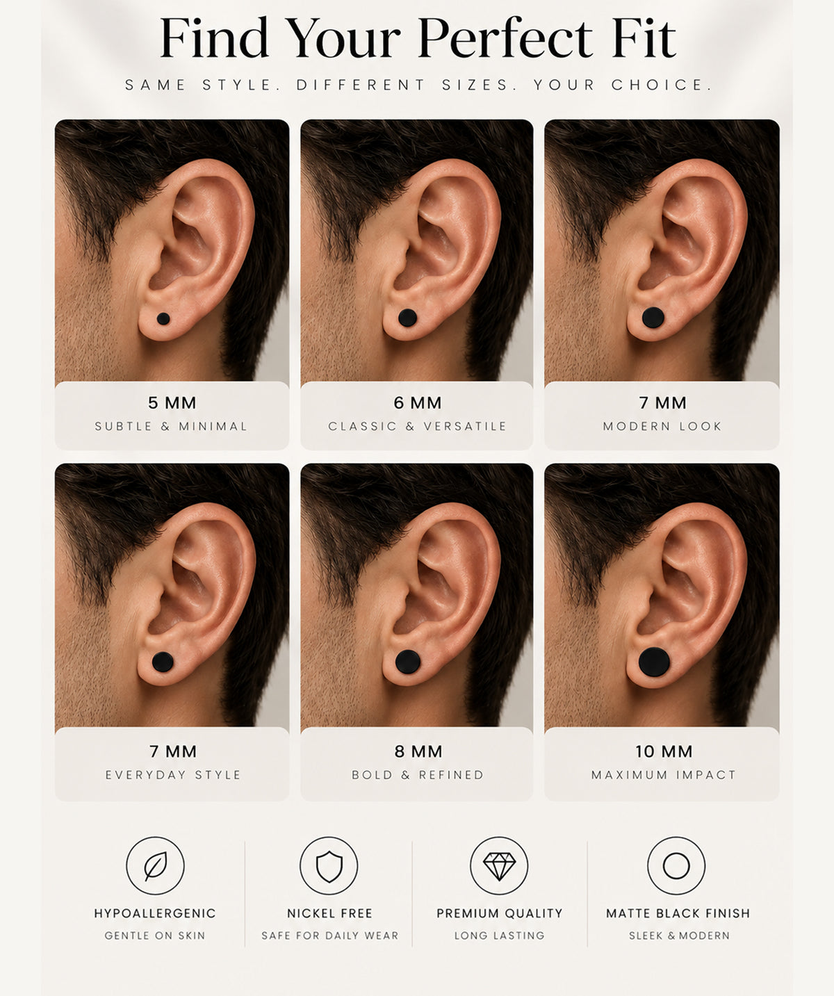Size guide for the Black Screw Back Stud Earrings