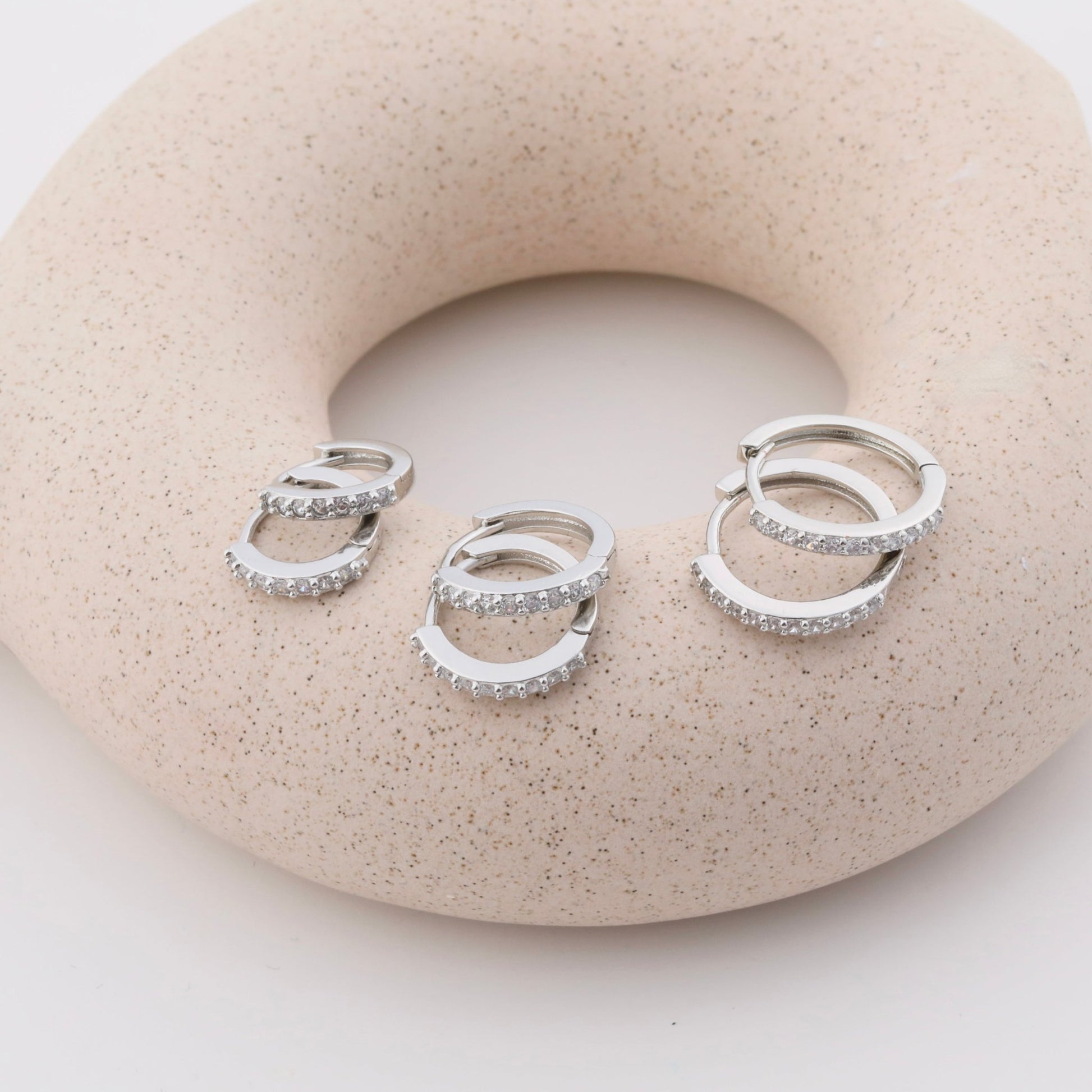 Silver Huggie Hoop Earrings Set 8mm, 10mm, 12mm Sterling Silver CZ