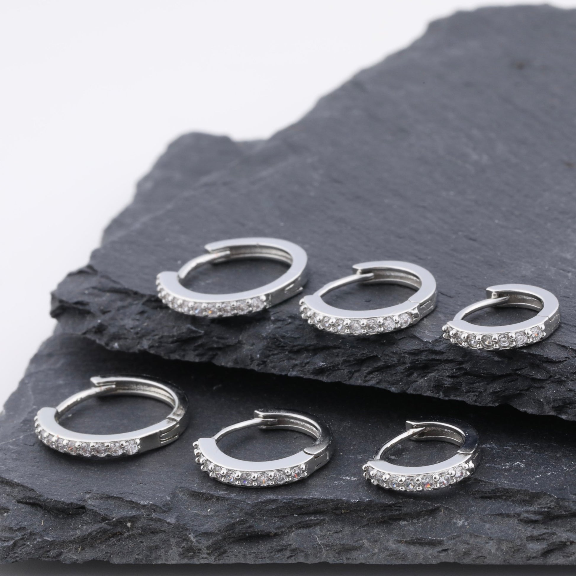 Silver Huggie Hoop Earrings Set 8mm, 10mm, 12mm Sterling Silver CZ