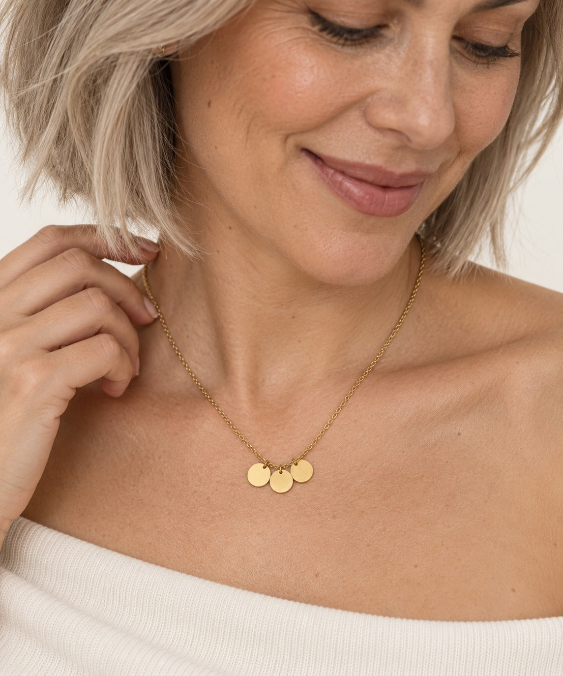 Gold Small 3 Disc Necklace on model